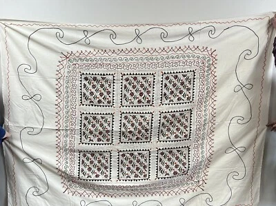 Vintage Hand Sewn Embroidery Cotton Tribal Mirrored Bed Cover India Boho Table - Image 1 of 4