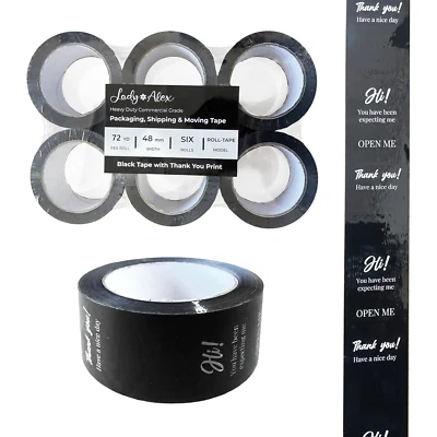 Packing Tape with Thank You Printing Pack of 6 Rolls Black Tape with White Words - Image 1 of 4