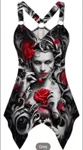 Sleeveless Gothic Punk Style Long Top Women's XXL(14) Black Red White O Rings - Picture 1 of 4