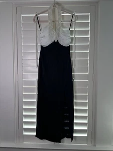 Vestido de noche Bari Jay negro blanco con joyas halter graduación dama de honor cóctel 6 - Imagen 1 de 9