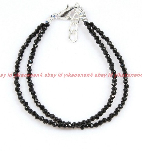 VALENTINO 2 File Bracciali Perline Tonde Naturali 3mm Sfaccettate Nero Spinello Pietra Preziosa 7 5"