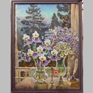 Antigua PINTURA AL ÓLEO a mano bodegón/flores. tintero. vela/ucraniano FIRMADO 47"1,2m - Imagen 1 de 5