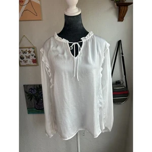 Dolan- Long Sleeve Silky Blouse- White with Ruffles, front tie - Large capsule - Picture 1 of 6