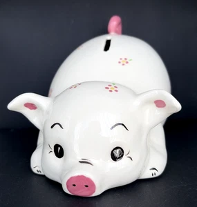 Hucha de cerdo Pat’s Critters cerámica esmaltada flores rosas y amarillas vintage - Imagen 1 de 8