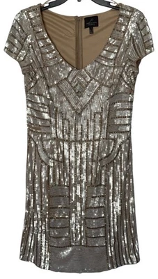 Adrianna Papell W’s Sz 10 Champagne Heavily Sequin Sheath Dress Lined Party - Image 1 of 4