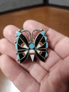 Vintage Zuni Made Silber Intarsien Schmetterling Pin Türkis Jet Koralle Perlmutt - Bild 1 von 6