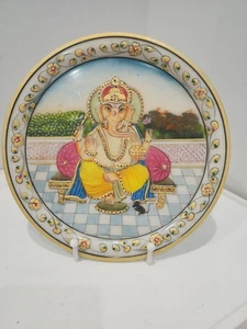 8" Jaipur Marble Plate Ganpati Bappa Painting Arts Religious Unique Home Gifts - Picture 1 of 5