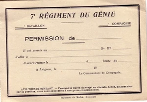 ETIQUETTE - DU 7e REGIMENT DU GENIE - PERMISSION DE ..... - NEUVE. - Imagen 1 de 1