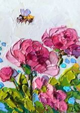 Miniature Original Oil Painting Honey Bee and Peony Flowers Impasto Artwork 4x3