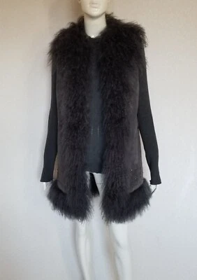 Milestone Lange feminine Leder Weste mit  Echtfell  Mongolian Fell Nieten - Bild 1 von 4