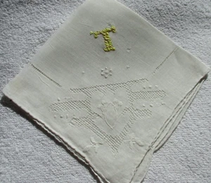 Vtg  White Handkerchief  Hand Monogrammed  "T" in Yellow - Picture 1 of 4