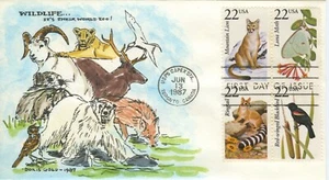 WILDLIFE Block of 4 stamps, 1987 FDC - Doris Gold Hand Painted Cachet - Picture 1 of 1