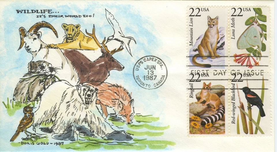 WILDLIFE Block of 4 stamps, 1987  FDC  - Doris Gold Hand Painted Cachet - Image 1 of 1