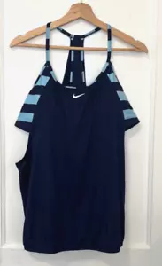 Nuevo con etiquetas Traje de baño Tankini para mujer Nike azul marino a rayas espalda deportiva en capas, talla XL - Imagen 1 de 14