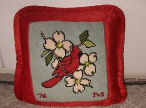 Vintage Square Accent Pillow Needlepoint Cardinal 10" x 10" 1976 