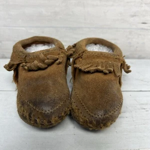 Minnetonka Infant Fringe Moccasins Shoes Size 3 Baby Brown Leather Indigenous - Picture 1 of 7