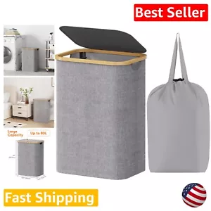 Premium 80L Laundry Basket with Lid: Stylish Clothes Hamper with Bamboo Handles - Picture 1 of 10