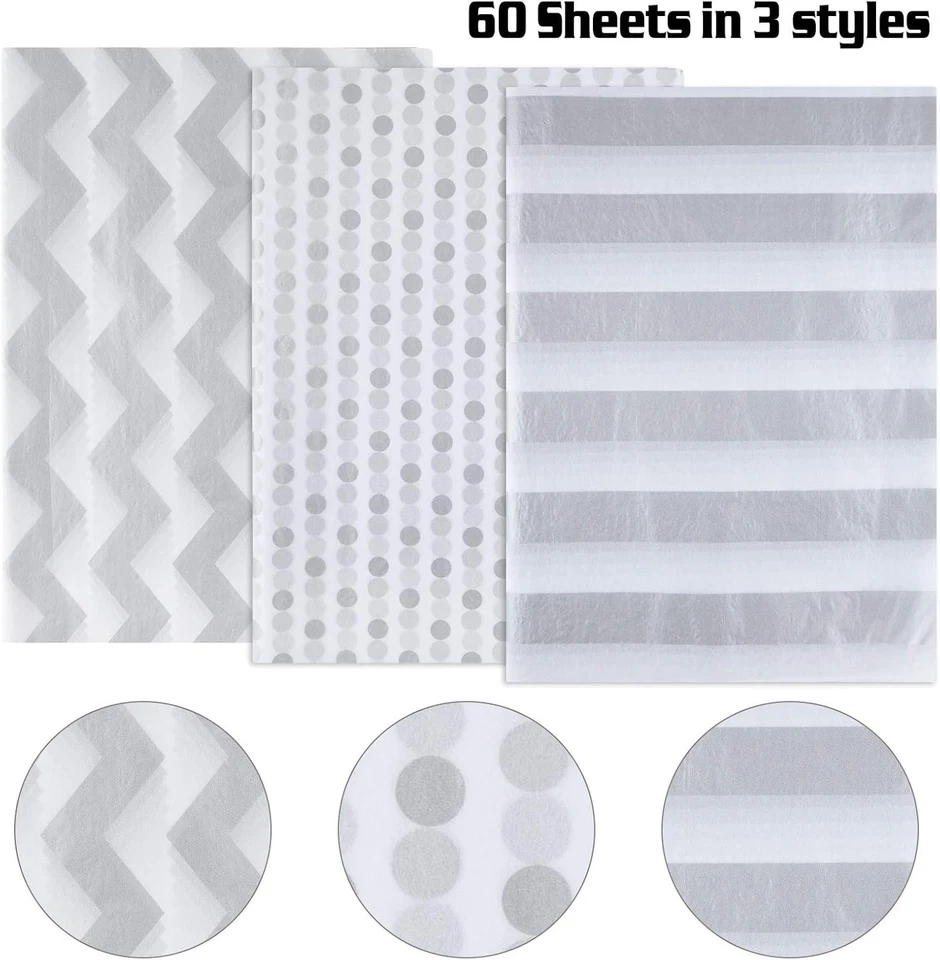 MIAHART 60 Pcs Silver White Tissue Paper Bulk 3 Style Decorative Metallic Wrappi - Image 1 of 4