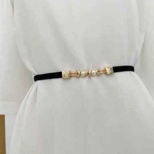 Black And Gold Pearl Round Buckle Adjustable Thin Elastic Women’s Belt - Picture 1 of 2