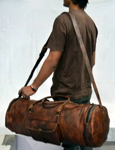 Travel Men's Brown Leather Retro Vintage Large Round Duffel Travel Gym Bag New - Picture 1 of 8