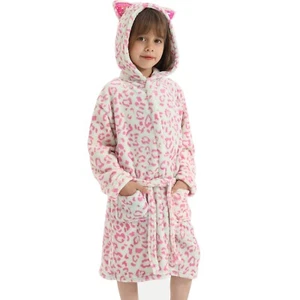 Leopard Cat Hooded Fleece Robe for Girls, Plush Bathrobe w/Pockets, 3-12Y Gifts - Picture 1 of 15