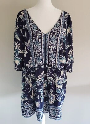 Romantic Gypsy Boho Women Dress Top Tunic Navy Floral Short Sleeve Baby Doll 1X - Image 1 of 4