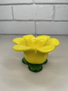Vintage Art Glass Yellow Flower With Green Leaves Votive Tea Light Candle Holder - Picture 1 of 8
