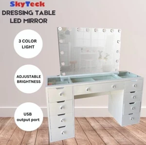 WHITE GLASS TOP MAKE-UP DRESSER TABLE WITH LED MIRROR WITH DRAWER KLDS11-S - Picture 1 of 11