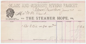 RARE Billhead- Black & Current Rivers Packet - Steamer HOPE - Black Rock AR 1890 - Picture 1 of 1