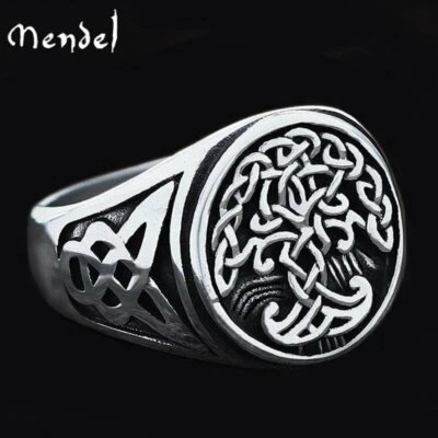 MENDEL Stainless Steel Mens Irish Celtic Trinity Knot Tree of Life Ring Sz 7-15 - Image 1 of 4