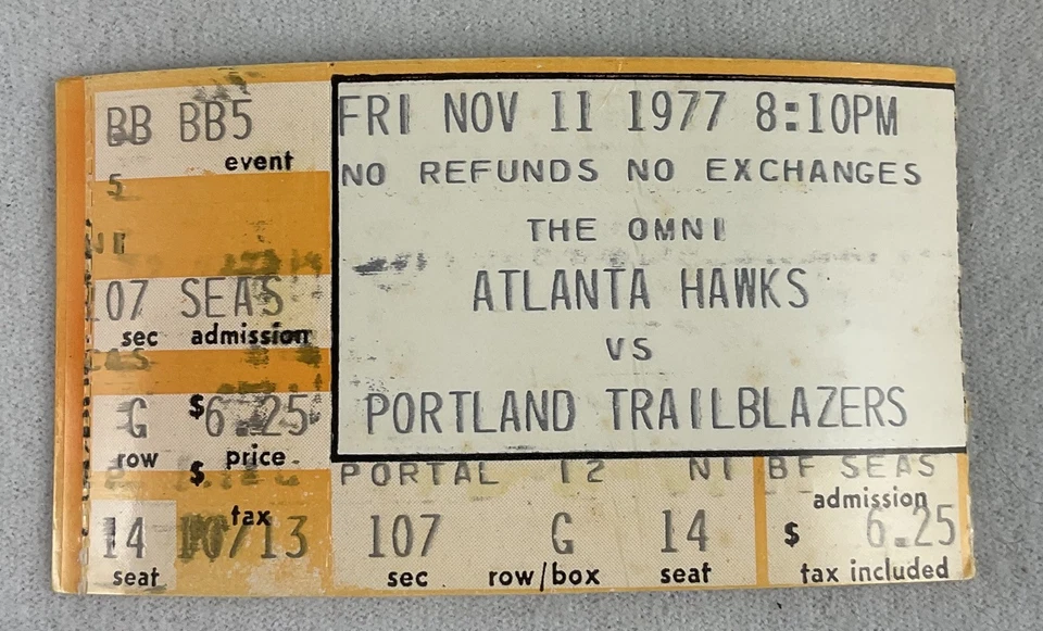 Boleto de los Portland Trail Blazers at Atlanta Hawks de la NBA 1977 11/11-Bill Walton 27 y 15 Foto 1 de 1