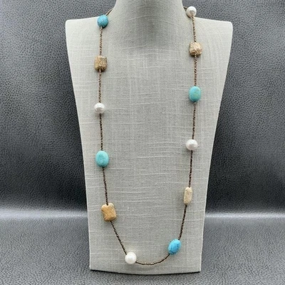 Collar Lia Sophia Cuentas Largas Tono Dorado Turquesa Piedras Imitación Perla Ovalado Boho Foto 1 de 4