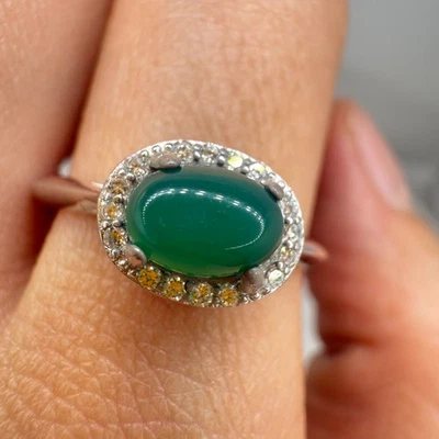 925 Sterling Silver Ring Oval 7x5mm Natural Emerald Gemstone Zircon Jewelry Cute - Image 1 of 4