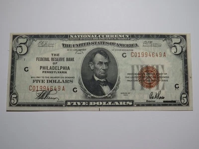 $5 1929 Philadelphia PA National Currency Federal Reserve Bank Note Bill XF++ - Image 1 of 3
