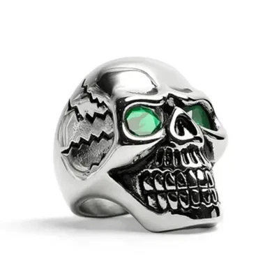 Stainless Steel Green CZ Eyed Cracked Skull Biker Ring - Image 1 of 2