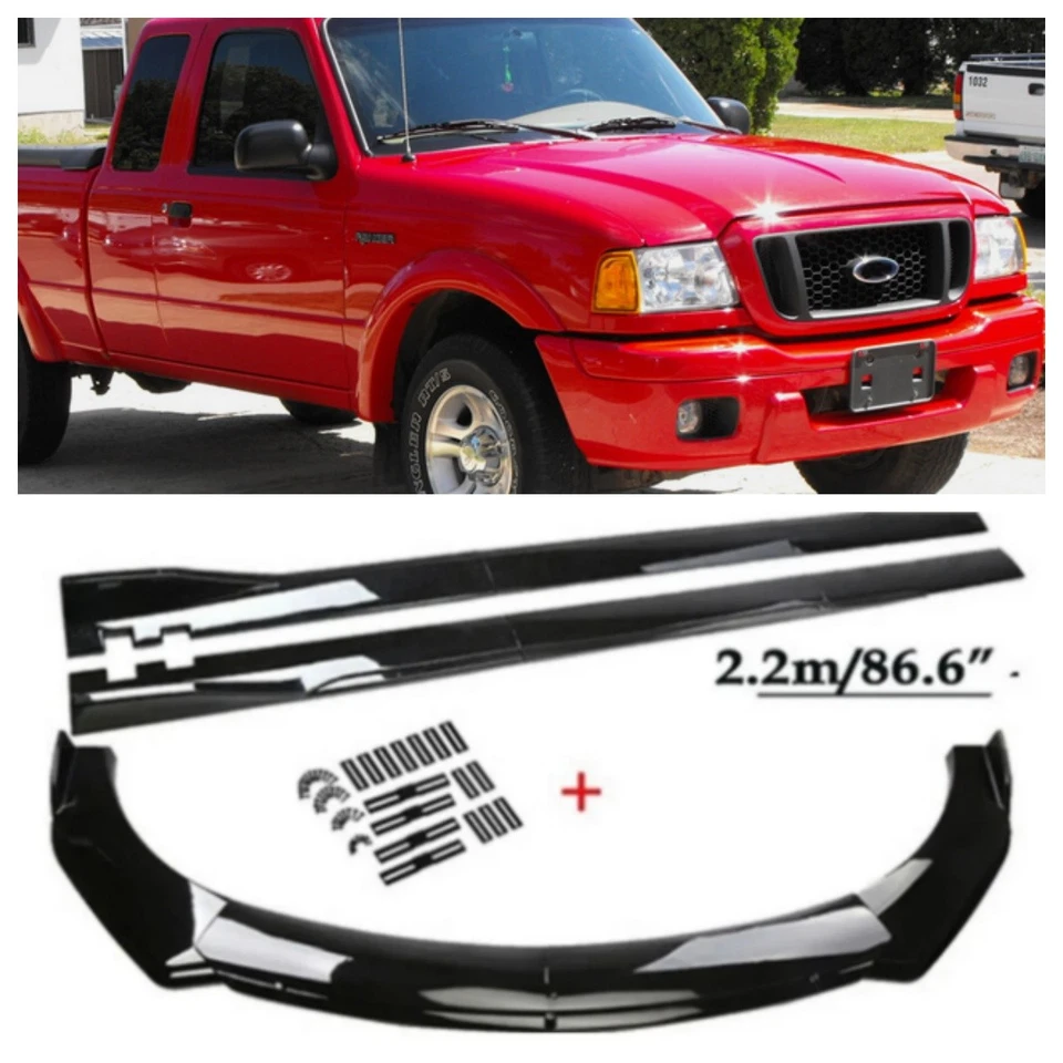 For Ford Ranger 2.3L Glossy Blk Front Bumper Lip Splitter Kit +Side Skirts US - Изображение 1 из 4