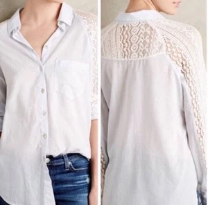 Anthropologie Holding Horses Seersucker And Lace Button Down Blouse Medium - Picture 1 of 12