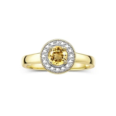 ANEL DE PEDRA PRECIOSA RYLOS BANHADO A OURO AMARELO PRATA CITRINO E DIAMANTE HALO TAMANHO 5-10 - Imagem 1 de 4