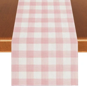 Linen Watercolor Pink White Buffalo Check Plaid Table Runner Gingham Tableclo... - Picture 1 of 6