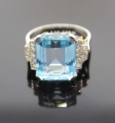 PLATINRING MIT 1 AQUAMARIN 9,0 CT UND 16 DIAMANTEN ZUSAMMEN 0,16 CT WERT 6990,-€ - Bild 1 von 4
