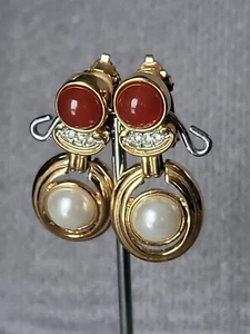Vtg. FAC Butler Red Genuine Carnelian Faux Pearl Cabochon Drop Clip-on Earrings - Picture 1 of 17