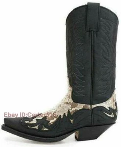 Mens Retro Embroidered Mid Calf Western Cowboy Color Stitching Boots Shoes Sz - Picture 1 of 8