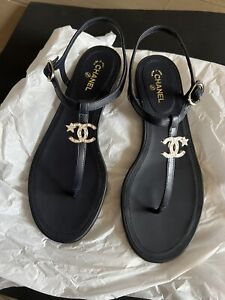 Chanel 20S Navy Blue Comet Crystal CC Logo Star Ankle Strap Thong Sandal Flat 38