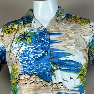 Blusa para mujer Tori Richard uniformes hawaiana grande océano palmeras cabeza de diamante - Imagen 1 de 9