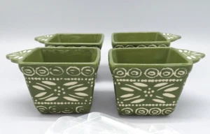 Temptations Carved Old World Green Ramekins 10 oz - Set of 4 square bowls w lids - Picture 1 of 10