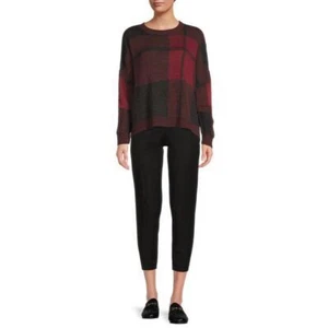 Time and Tru Women's Plaid Relaxed Fit Crewneck Sweater, Red, XL (16-18) - Picture 1 of 5