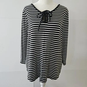 Dressbarn Size L Black White Striped Long-Sleeved Womens Blouse Shirt Top with L - Picture 1 of 21