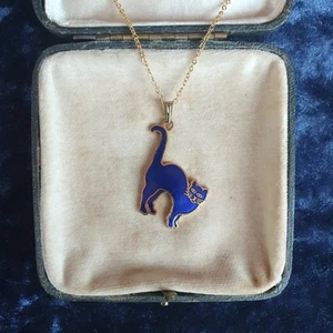 Vintage Pendant & Chain - Cloisonne Enamel - Gold Tone - Blue Cat - Picture 1 of 6