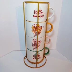 Juego de 4 tazas apilables tazas temática de otoño soporte dorado colores otoño hojas defectos - Imagen 1 de 7