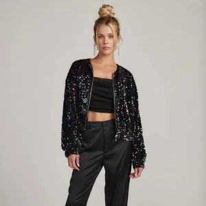 Chaqueta Bomber 12th Tribe Ozzy Negra Multicolor Lentejuelas Mujer’s Pequeña - Imagen 1 de 9